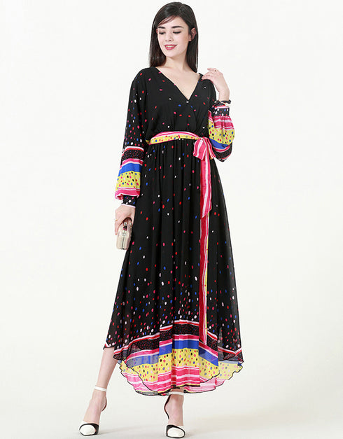 V-Neck Chiffon Muslim Dress with Colorful Polka Dots and Lantern Sleeves